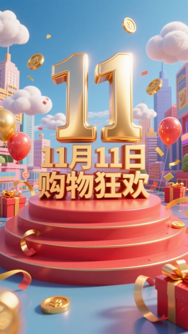 核心是“11月11日 购物狂欢”的金色金属大字，置于红色阶梯圆形展台。背景是卡通城市景观，点缀礼盒、彩带、金币、云朵、气球，整体风格热闹欢快，突出双十一购物狂欢氛围。预览效果