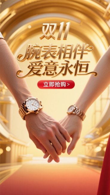商业摄影风格，比例 16:9，高细节呈现。画面是一张温馨浪漫的照片，一对时尚情侣的手温柔相握，手部肌肤纹理细腻，指甲修剪精致。两人腕间佩戴的奢华手表，表身的金属光泽、表盘的精致刻度以及表带的细腻材质清预览效果