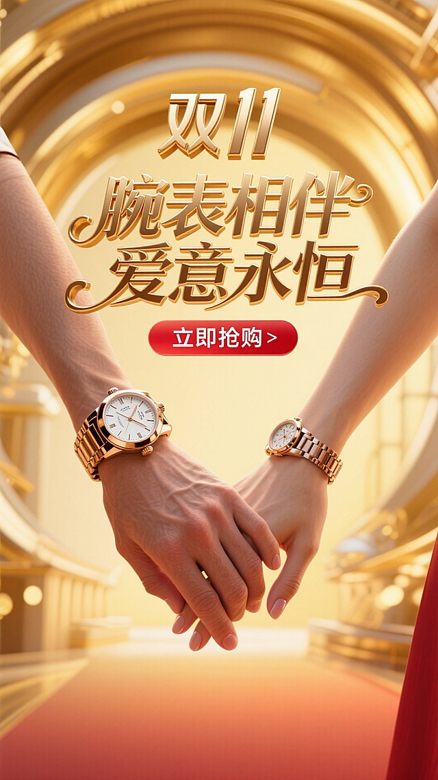 鎏金风3D重拟物设计，金属质感腕表交织浪漫牵手，奢华优雅中传递双11温馨爱意。