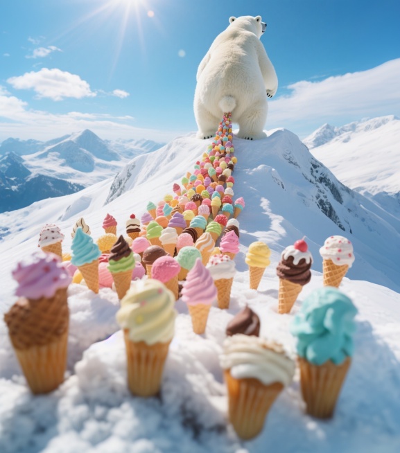 一只体型巨大的北极熊，以背影站立在雪山之巅，从它的屁股后方拉出成千上万个色彩缤纷的冰淇淋，冰淇淋有各种口味和形状，雪山覆盖着厚厚的白雪，背景是蓝天白云，阳光明媚，充满奇幻和童趣的场景预览效果