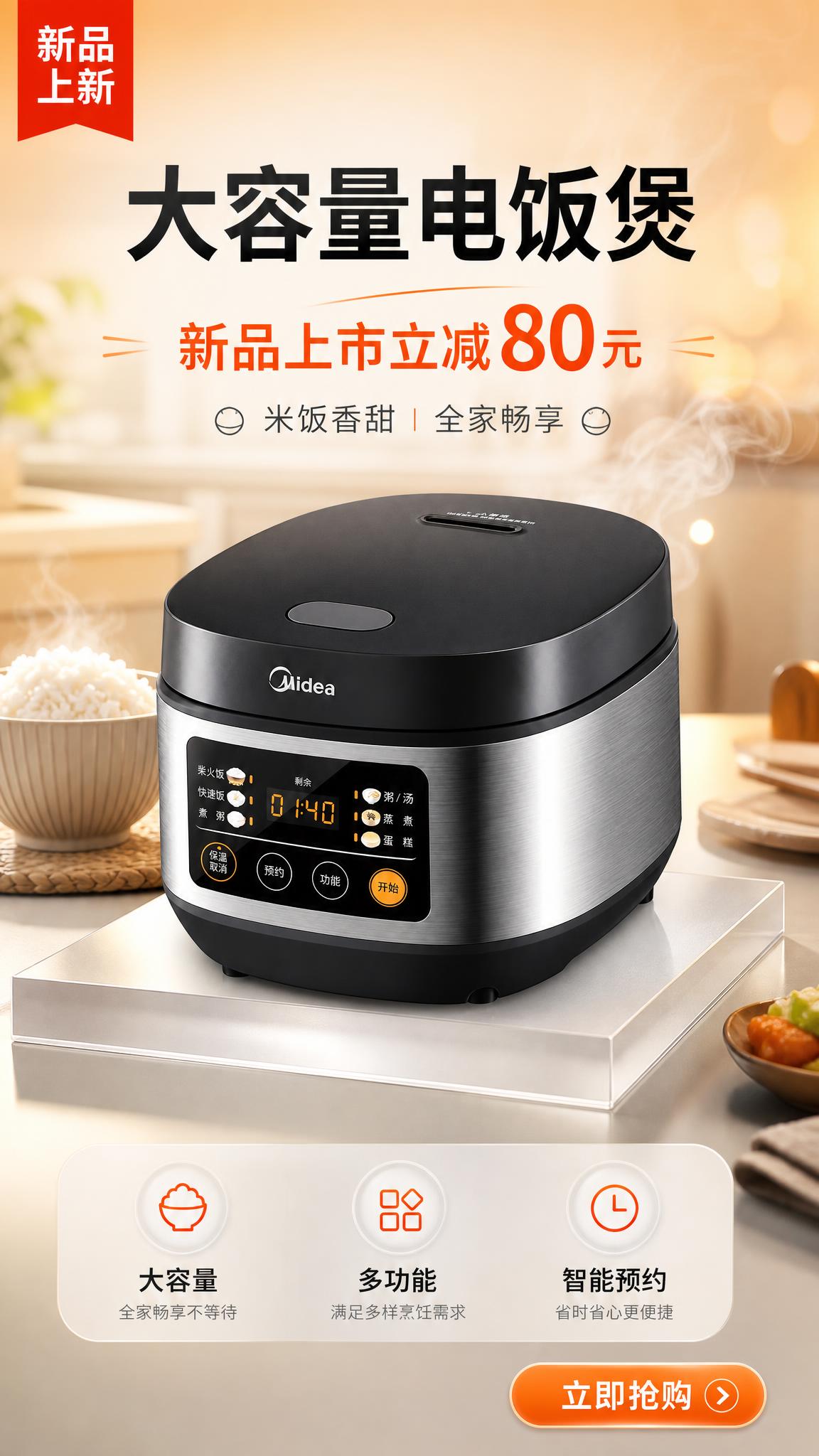 电商新品上新海报，电饭煲产品为第一视觉焦点，商品主体占画面60… - 图片创意预览