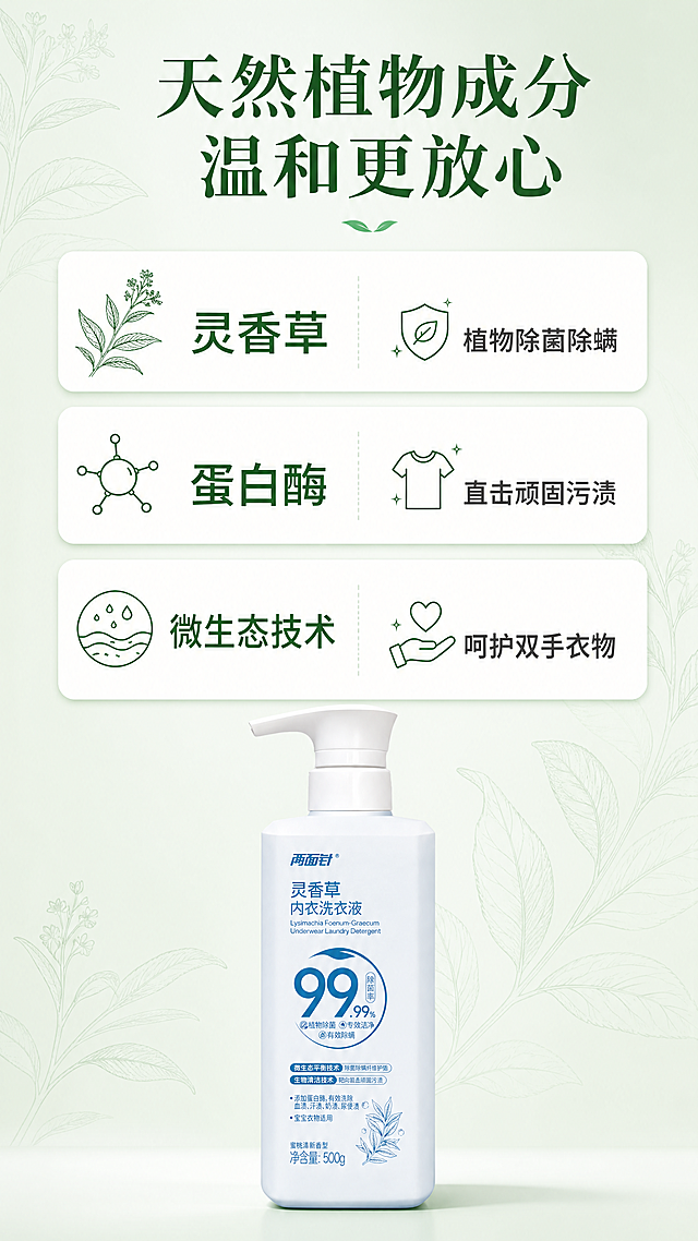 [第4屏] 成分与作用机理页-两面针灵香草内衣洗衣液。
[氛围/风格] 专业成分科普风，自然清新，浅绿底色搭配植物元素，干净专业质感。
[元素布局] 页面顶部主标题，中间分三行网格展示核心成分，每个成分区域左侧为成分名称，右侧为功效说明，搭配小型植物图标。页面底部放置缩小版产品图，保持瓶身结构颜色文字与原图一致。背景点缀淡淡的灵香草线稿装饰，不遮挡文字信息。
[光影质感] 整体均匀柔和布光，每个成分区块阴影柔和，文字清晰不发灰，产品底部自然投影。
[配色色系] 全局底色：#F2FBF4；成分区块背景：白色；标题文字：深绿色；说明文字：深灰色；产品保持原有蓝白配色。
[视角构图] 从上到下通栏排版，网格布局清晰，每块成分区域均等分，阅读顺序明确，符合移动端浏览。
[文字版式] 顶部主标题「天然植物成分 温和更放心」居中；三行成分分别为：第一行「灵香草 植物除菌除螨」，第二行「蛋白酶 直击顽固污渍」，第三行「微生态技术 呵护双手衣物」，每个成分名称加粗，功效说明在右侧，字体分级清晰，最小文字也满足移动端可读要求。
[比例分辨率] 9:16竖版比例，4K分辨率，文字清晰可辨，超高清。
[负向提示词] 文字错乱，成分表格变形，产品变形，颜色偏差，背景杂乱，水印。