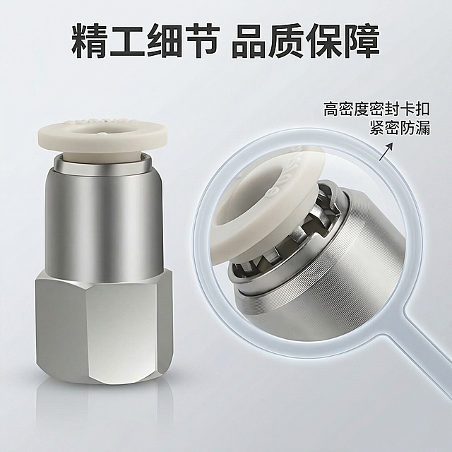 [垫图] https://gdesign-dam-hz.dancf.com/35963696591918188/9e99d5fe65f94cf499940506d20814bb.jpg
[主图主题] PCF气动接头核心材质细节展示
[氛围/风格] 工业治愈简约风，微距高清细节
[画面元素] 左侧放置完整PCF接头产品，右侧放一个放大的接口部位特写，加浅灰色放大镜轮廓特效突出细节，背景为浅灰色渐变全屏铺满，整体干净通透，光影细腻突出金属和塑料的材质质感
[配色色系] 主色调浅灰，产品本银色米白，黑色细节标注
[视角构图] 左右拼图布局，左侧平视整体，右侧微距特写细节
[文字版式] 顶部主标题 "精工细节 品质保障"，特写区域旁标注 "高密度密封卡扣 紧密防漏"，字体为无衬线体，文字不遮挡核心细节，布局平衡清晰
[比例分辨率] 2k分辨率