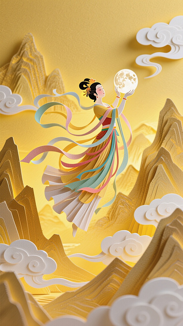 梦幻中式剪纸风，嫦娥捧月，飘带飞舞，中秋佳节氛围浓厚。