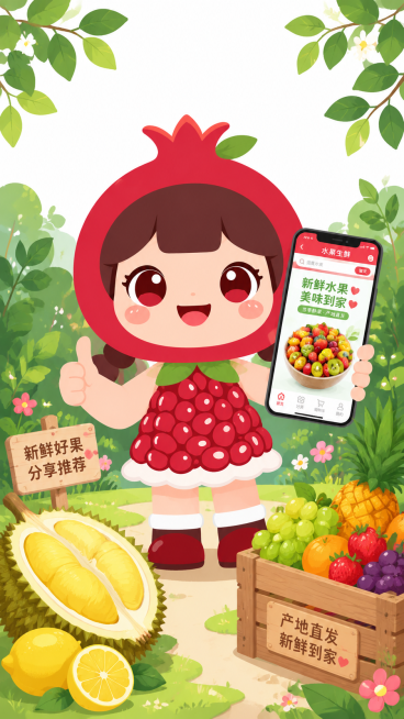 保持原图卡通扁平化插画风格和石榴女孩形象不变，女孩一只手竖起大拇指点赞，另一只手举着一部智能手机，手机屏幕显示一碗色彩鲜艳的水果拼盘，界面顶部有文字和按钮设计，是水果电商生鲜APP场景，背景为白色，背预览效果