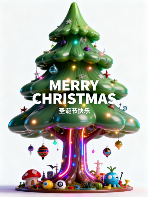 画面呈现一棵未来风格的圣诞树，设计打破传统，焕发科技魅力。树体造型受皮克斯动画美学启发，枝干镶嵌流动的LED灯带，并点缀霓虹色彩光点，充满现代感。树姿带有一丝灵动与奇幻的韵味，赋予形象丰富的叙事感。背预览效果