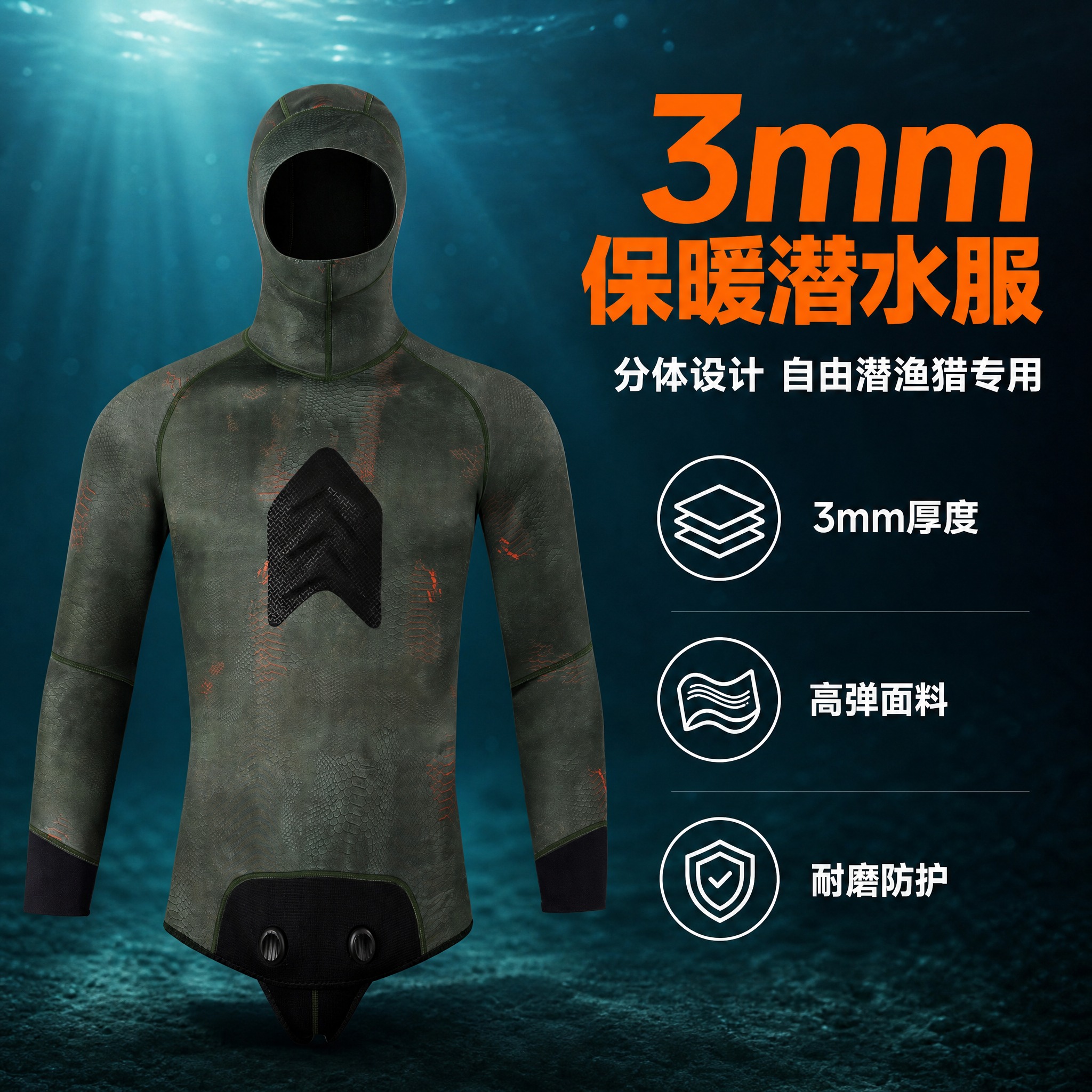 [主图-1] 3mm分体潜水服连帽上衣 核心卖点首图。 [统一… - 图片创意预览