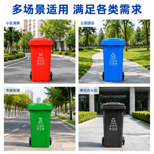 [主图-4] 多场景适用展示宫格图
[氛围风格] 实用多场景代入感，清晰展示适配场景
[画质] 商业摄影质感、光线明亮通透、产品清晰真实、画面干净高级
[元素] 四宫格展示垃圾桶不同使用场景：左上小区预览效果