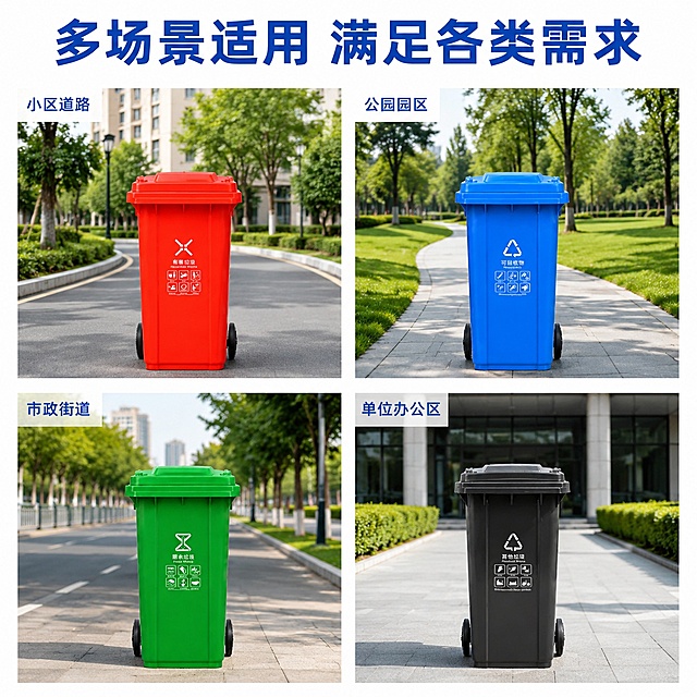 [主图-4] 多场景适用展示宫格图
[氛围风格] 实用多场景代入感，清晰展示适配场景
[画质] 商业摄影质感、光线明亮通透、产品清晰真实、画面干净高级
[元素] 四宫格展示垃圾桶不同使用场景：左上小区道路、左上公园园区、左下市政街道、右下单位办公区，每个场景一个对应颜色垃圾桶，保持每个垃圾桶外观、物理结构、材质质感、颜色与输入产品图绝对一致，杜绝任何变形和色差，精细化处理。整体宫格布局干净规整，每个场景占比均匀，无多余装饰
[光影] 每个场景均使用自然日光，光影统一，真实自然
[配色] 保持产品原有颜色，场景色调自然清新，文字使用深蓝色
[视角构图] 每个场景平视构图，整体宫格排列，四边留白均匀
[文字版式] 顶部大标题：多场景适用 满足各类需求，深蓝色粗体；每个宫格角落标注对应场景名称，小字清晰不遮挡产品
[输出要求] 1:1 比例，文字清晰可辨，超高清商业摄影质感
[width] 2048
[height] 2048
[negative_prompt] 变形，文字错乱，产品图模糊，背景杂乱，水印，电商平台Logo，绝对化违禁词