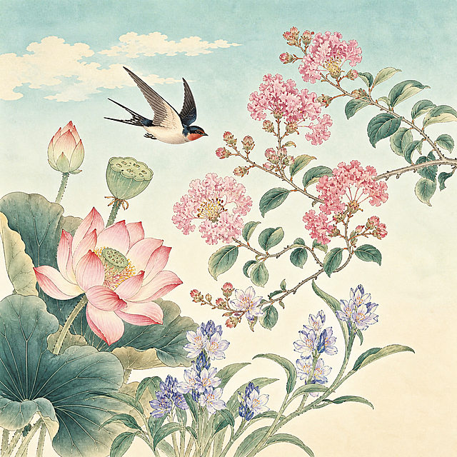 8月花鸟图，按照参考图的工笔国画风格，使用各类花卉飞鸟素材创作，画面美观雅致，不包含任何文字，正方形尺寸，保持与参考图一致的工笔画风，可根据八月季节特点搭配当季花卉