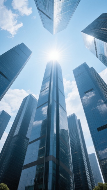 从下往上仰拍的现代都市建筑群背景，以高耸入云的玻璃幕墙摩天大楼为主体，建筑表面呈现出冷色调的蓝色与灰色渐变，玻璃反射着天空的云彩和柔和的光线，整体风格为写实摄影，具有清晰的建筑结构细节和锐利的边缘线条。画面上方是明亮的浅蓝色天空，点缀着少量白色云朵，阳光从顶部中央位置照射下来，形成柔和的光晕效果，营造出开阔、现代、充满力量感的都市氛围。建筑排列密集且错落有致，底部视角低，强调出建筑的宏伟高度和……预览效果