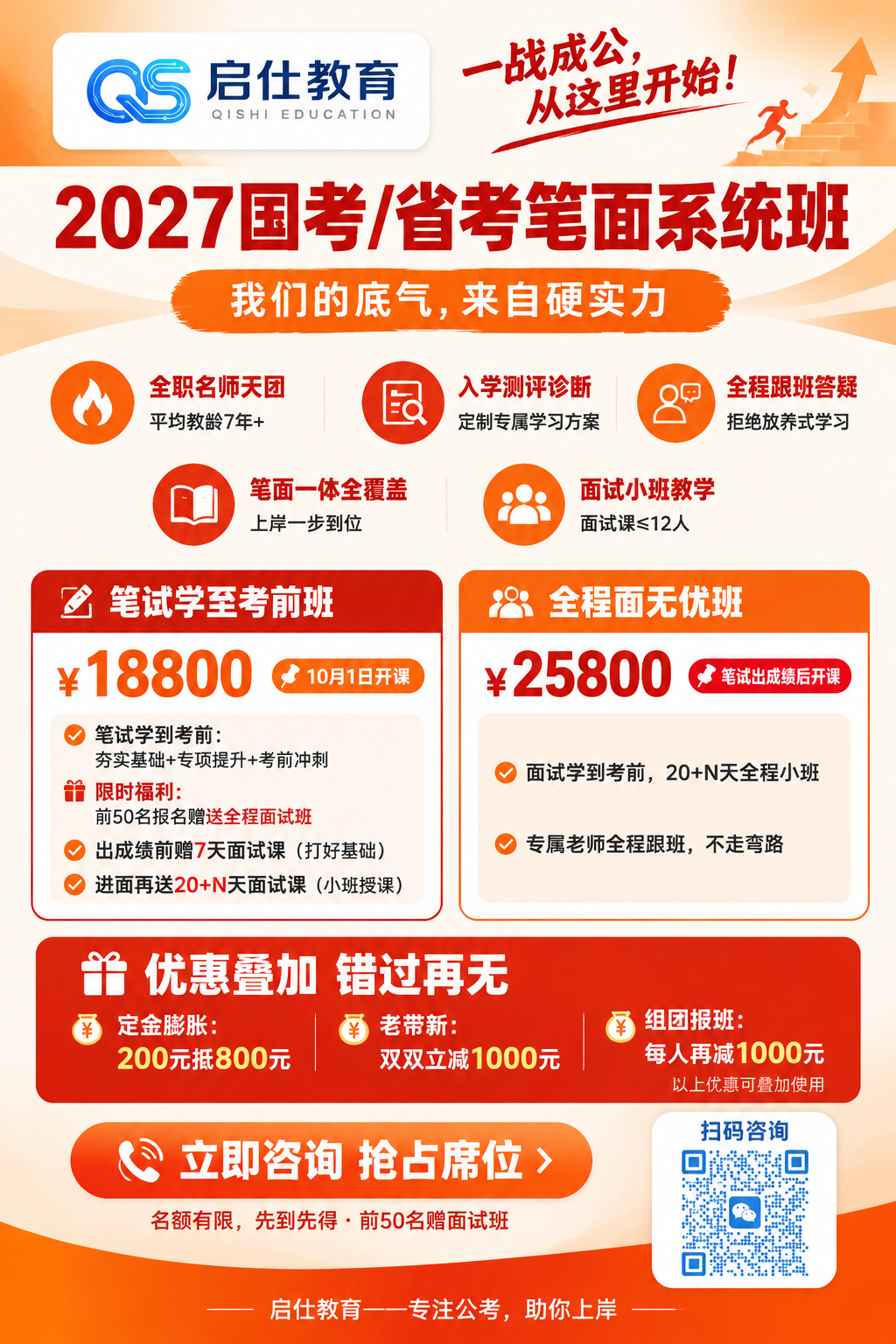 根据提供的启仕教育logo图片和微信二维码图片，制作一张32开… - 图片创意预览