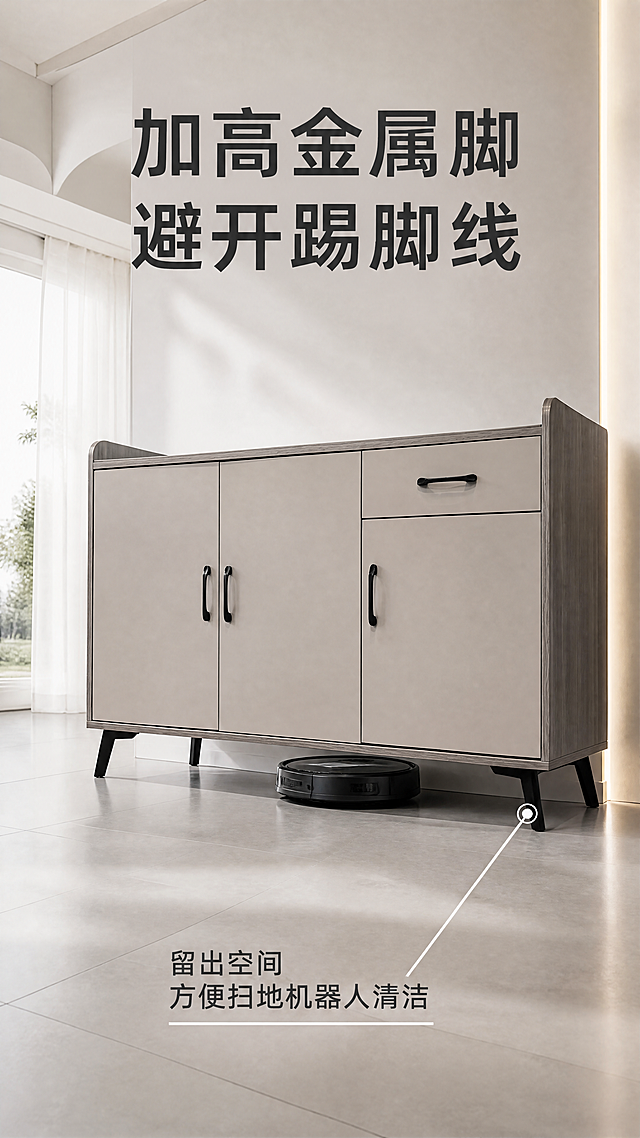 [主图-5] 加高金属脚设计卖点展示主图。
[氛围风格] 功能演示真实场景风；
[画质] 商业摄影质感、光线柔和通透、产品清晰真实、画面干净高级。
[元素] 斜视角展示餐边柜底部加高黑色金属脚，扫地机器人正在底部自由通行清洁，背景为干净客厅瓷砖地面。保持餐边柜颜色和结构与输入产品图绝对一致，杜绝任何变形和色差，精细化处理。商品主体占比70%；画面满屏无边框。
[光影] 均匀客厅自然光，清晰展示底部空间，突出加高设计优势。
[配色] 保留产品原有配色，地面浅灰色调。
[视角构图] 低角度斜侧平视，突出底部金属脚和通行空间。
[文字版式] 顶部标题写「加高金属脚 避开踢脚线」，底部副标题「留出空间 方便扫地机器人清洁」，以引线指向金属脚位置，标注清晰。
[比例分辨率] 9:16 比例，4k 分辨率；文字清晰锐利，画面超高清。
[负向提示词] 变形，水印，文字错乱，产品图模糊，背景杂乱，改变原有产品颜色