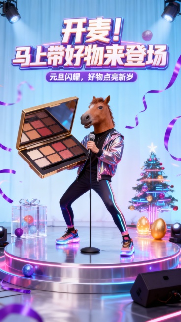 围绕模特构图，带棕色马头面具的模特（亮面外套+反光 leggings+发光运动鞋）手持超级巨大化的眼影盘摆出活泼的姿势握着前面的立麦在一个霓虹闪烁的赛博剧场舞台上，舞台上搭配透明亚克力礼盒、荧光彩球、预览效果