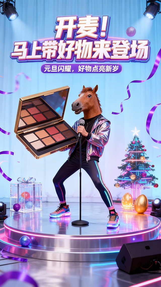 围绕模特构图，带棕色马头面具的模特（亮面外套+反光 leggings+发光运动鞋）手持超级巨大化的眼影盘摆出活泼的姿势握着前面的立麦在一个霓虹闪烁的赛博剧场舞台上，舞台上搭配透明亚克力礼盒、荧光彩球、电子元旦树和发光金蛋，周围飘着荧光紫彩带制造氛围；画面顶部巨大的3D创意变形艺术字“开麦！马上带好物来登场”，副标题“元旦闪耀，好物点亮新岁”，综艺宣传海报风格，背后的浅蓝渐变幕布+银灰金属地面。