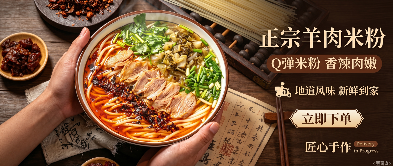基于这张羊肉米粉图片生成720*240的外卖装修海报，保留米粉美食主体，构图横向适配海报尺寸，适合外卖平台推广展示预览效果