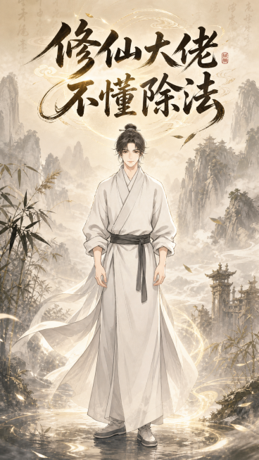 漫剧封面，只有一个修仙男主，基于参考图的人物形象，标题是“修仙大佬不懂除法”，非纯白色背景，古风仙侠风格，9:16竖版预览效果