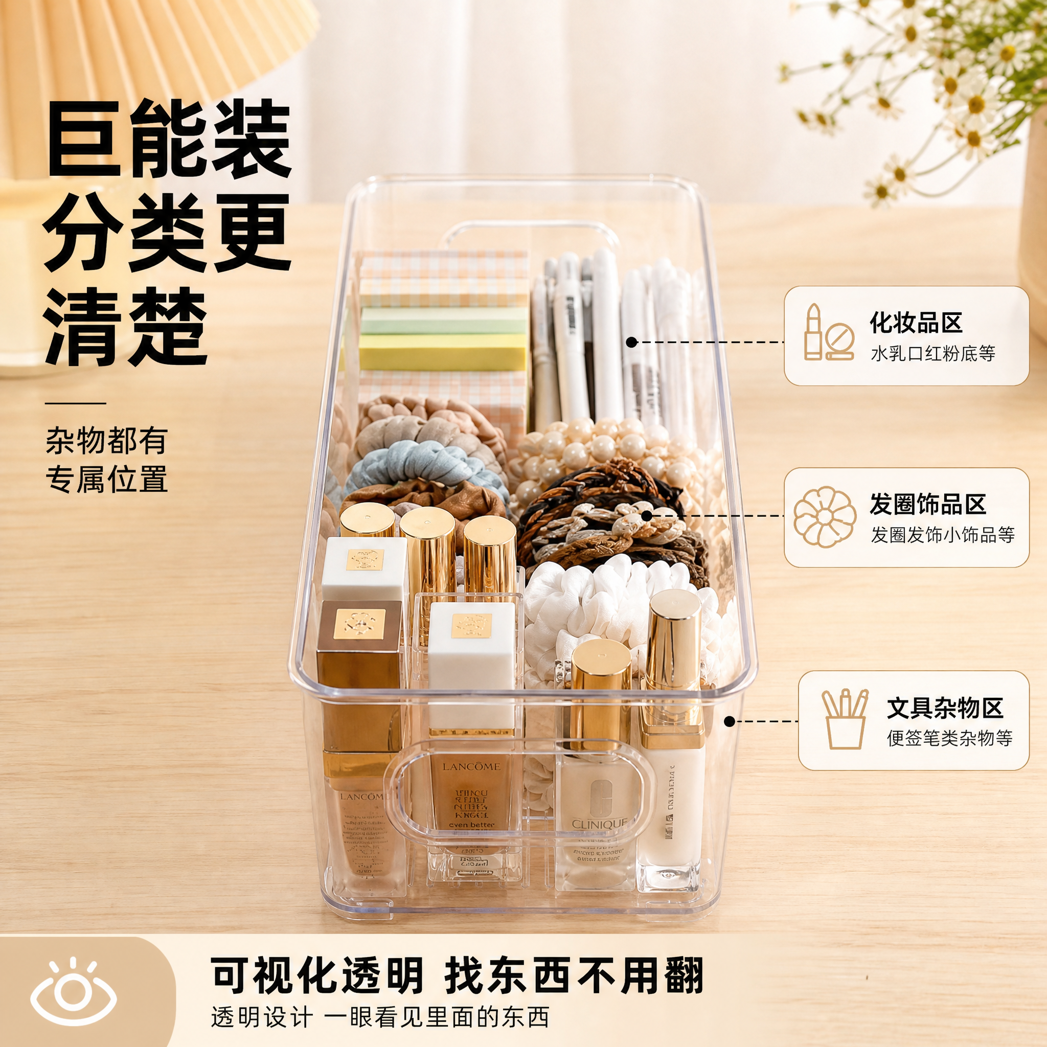 拼多多风格电商主图第二张，透明PET收纳盒容量满载与分类逻辑展… - 图片创意预览