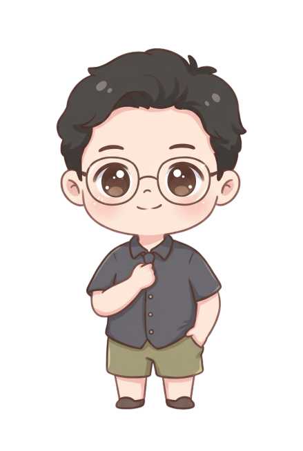 请帮我根据这张图片生成一个形象是Q版简化的真人老师形象：头身比接近 1:1，五官圆润柔和（大眼睛、浅线条五官），发型 / 服饰（衬衫 + 领带）保留真人特征但做萌化处理预览效果