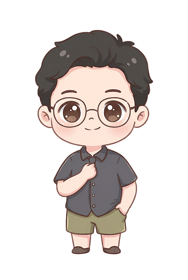 请帮我根据这张图片生成一个形象是Q版简化的真人老师形象：头身比接近 1:1，五官圆润柔和（大眼睛、浅线条五官），发型 / 服饰（衬衫 + 领带）保留真人特征但做萌化处理