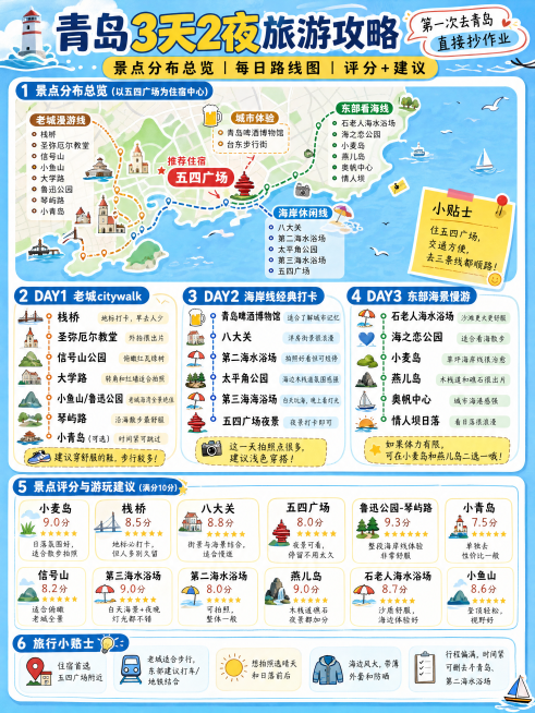 制作一份小红书风格的青岛3天两夜旅游攻略，包含景点分布总览、每日行程路线图、景点评分和游玩建议，版面新颖清晰，采用清新蓝黄撞色设计，适配小红书竖屏排版预览效果