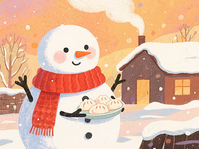 插画风雪人捧着饺子，拟人化设计充满可爱感与温馨感，水彩质感渲染梦幻冬日场景，暖色系烘托节日氛围。