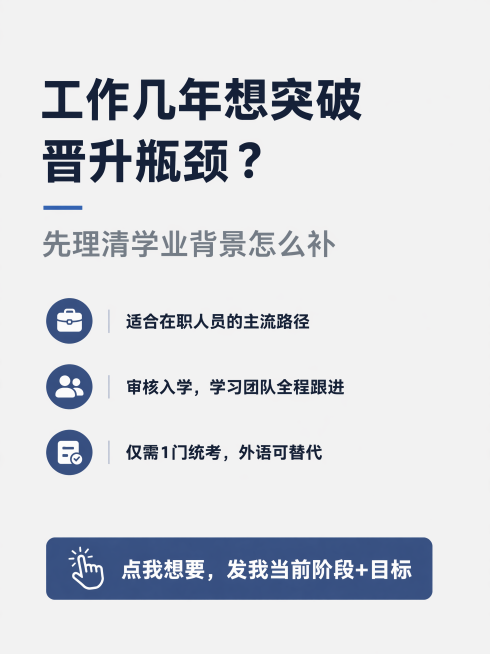 极简专业商务风学历提升招生海报，纯色浅灰背景，画面整体留白30%以上。主标题："工作几年想突破晋升瓶颈？"，副标题："先理清学业背景怎么补"，核心卖点三条："适合在职人员的主流路径"、"审核入学，学习预览效果