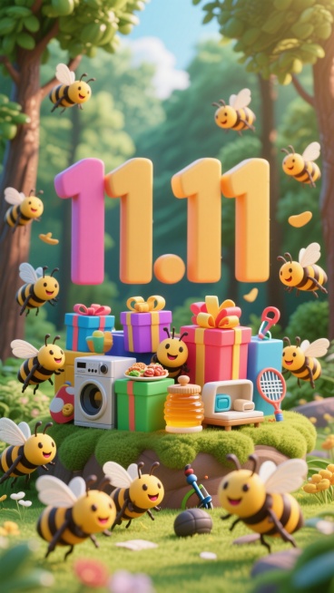 大大的11.11的森林背景，一群小蜜蜂忙碌着，每个都背着礼物盒，盒子里有家电，有美食，有蜂蜜，有居家，有运动，表情开心预览效果