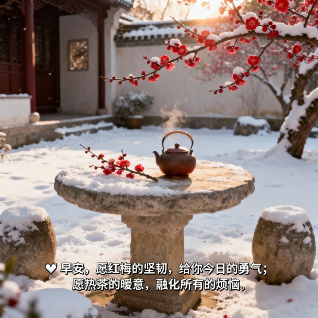 创作200×200px 的早安图，背景是冬日的雪后清晨，庭院里的红梅在白雪中绽放，石桌上放着一壶热茶和梅花枝，阳光柔和地洒在雪地上。文字为 “❄️ 早安，愿红梅的坚韧，给你今日的勇气；愿热茶的暖意，融预览效果
