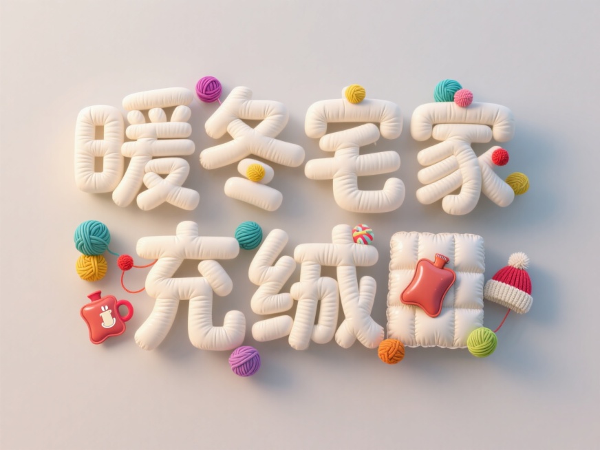 “暖冬宅家” 充气羽绒服样式字体，字体上装饰彩色毛线团、热水袋、针织帽等彩色小元素，字体米白色，背景为柔和的浅灰色预览效果