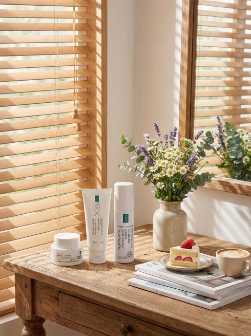 保留照片中的化妆品主体不变，背景改为百叶窗，有阳光投射进来，化妆品放置在氛围感化妆桌上，添加一束鲜花，几本杂志，一个小蛋糕和一杯咖啡，整体物品比例协调，风格自然清新，光影氛围柔和，重新生成一次预览效果