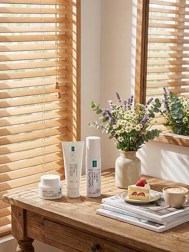 保留照片中的化妆品主体不变，背景改为百叶窗，有阳光投射进来，化妆品放置在氛围感化妆桌上，添加一束鲜花，几本杂志，一个小蛋糕和一杯咖啡，整体物品比例协调，风格自然清新，光影氛围柔和，重新生成一次