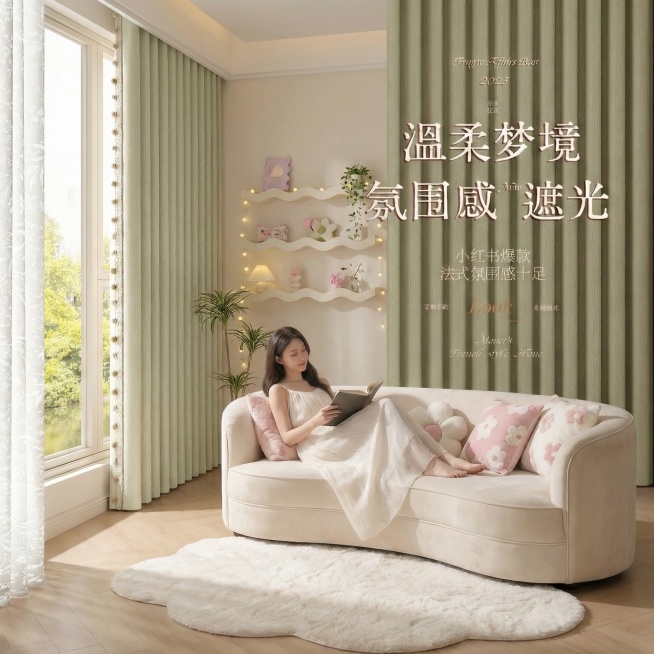 不改变窗帘的面料材质，切换不同的家装场景（最好是梦幻少女奶油风），改变角度，保留文字，一次生成3张；预览效果