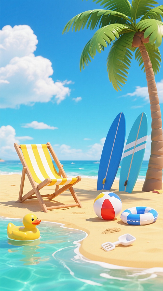 3D渲染风格的夏日海滩场景，明亮通透的光影效果，高饱和度的色彩搭配，湛蓝的天空中飘着洁白的云朵，阳光明媚，温暖的光线洒在金黄色的沙滩上，一棵高大的绿色椰子树矗立在沙滩左侧，树影清晰可见，沙滩上放置着一把黄白相间条纹的木质沙滩椅，椅子旁边竖立着两块蓝色的冲浪板，沙滩边缘的浅水区里漂浮着黄色的橡皮鸭、红白相间的沙滩球、蓝白相间的游泳圈和白色的沙滩铲，海水呈现出清澈的蓝绿色，整体氛围轻松愉悦，充满夏日度假的悠闲感。