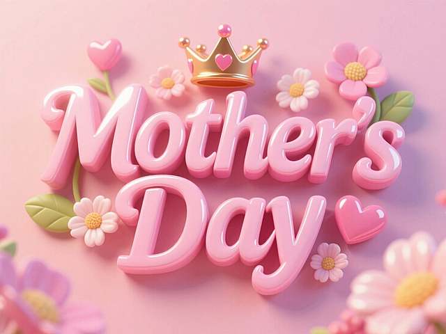 "Mother's Day”3D英文大字，鲜花爱心皇冠装饰，粉嫩