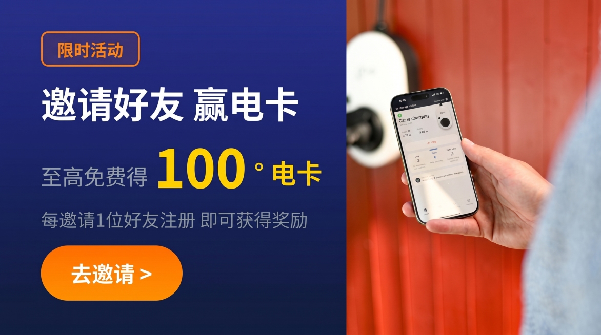 按照参考图2照抄制作，左侧深蓝色背景，橙色圆角框写着"限时活动"，大字"邀请好友 赢电卡"，小字"至高免费得"黄色大字"100°电卡"，下方小字"每邀请1位好友注册 即可获得奖励"，底部橙色圆角框写着预览效果