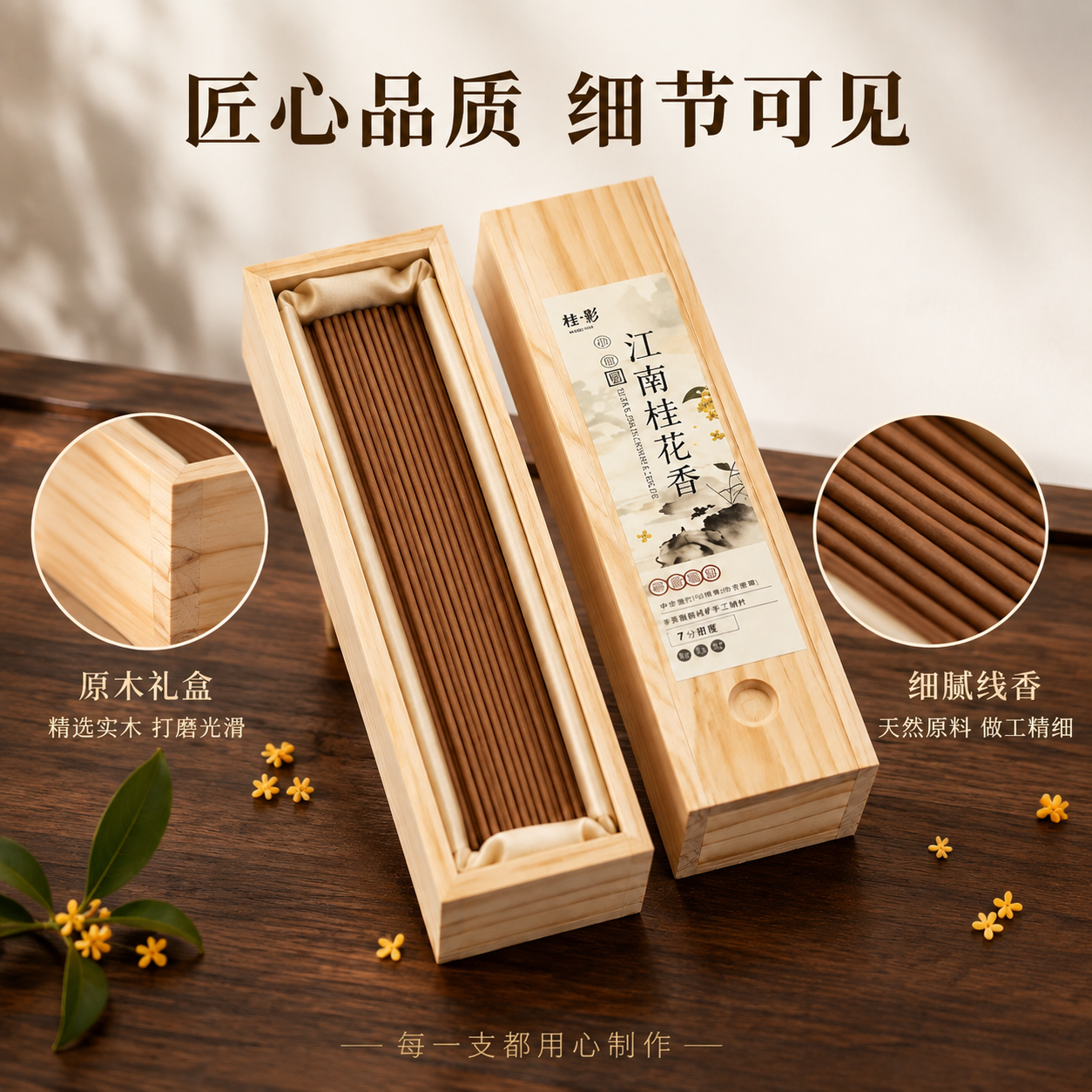[主图-2] 材质细节卖点图-木盒线香工艺与品质展示。 [氛围… - 图片创意预览