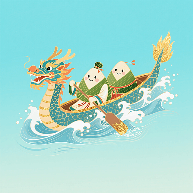 拟人化的粽子划着龙舟的，浅蓝色水面，水面波涛汹涌