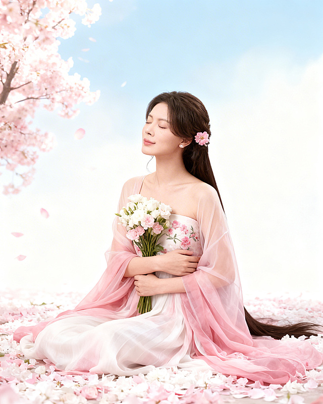 图中人物五官不变，年轻东亚女性全身古风人像，侧颜姿态，双眼轻闭，在铺满粉色与白色花瓣的地面上优雅端坐。留着深棕色长发，发间点缀着一朵粉色小花。身着粉白渐变的飘逸汉服：外层是半透的粉色雪纺大袖衫，内层是带有粉色花朵刺绣的抹胸裙。双手环抱胸前，紧握着一束白粉色花束。背景是浅蓝与白色的梦幻渐变，左侧有虚化的粉色桃花树，粉色花瓣在空中轻柔飘落。采用柔和的漫射自然光，凸显出面料的半透质感与花瓣的精致。整体风格超写实，细节丰富，呈现出空灵、浪漫且永恒的古风美学风格
