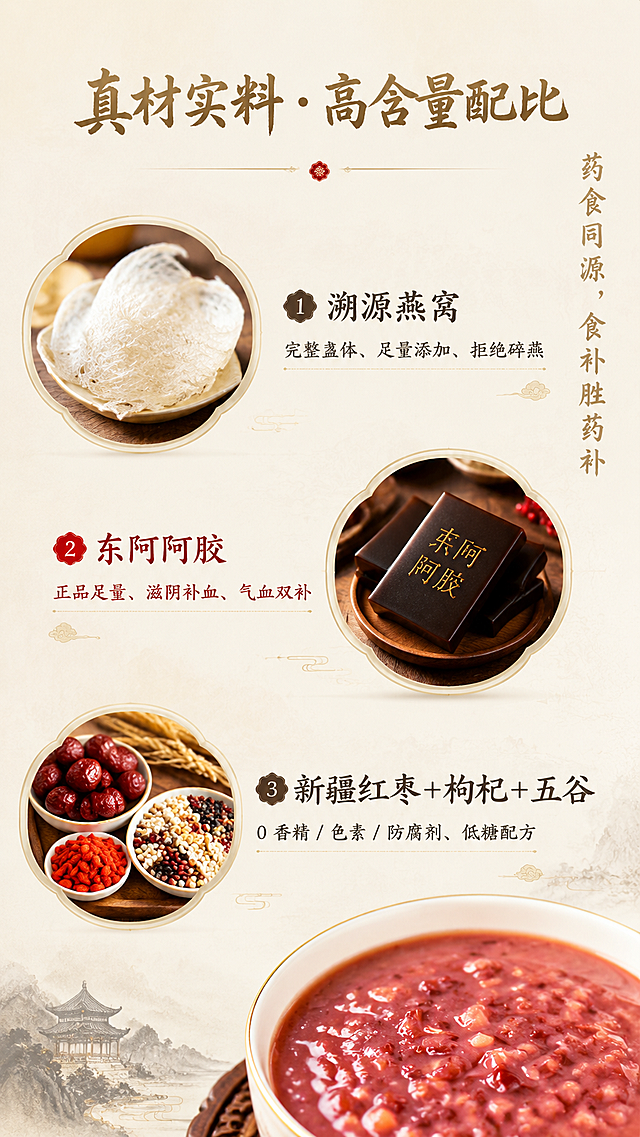 阿胶燕窝粥详情页第三屏真材实料成分介绍：1. 居中位置标题文案“真材实料・高含量配比”，使用新中式书法体，字号64px，颜色暗金 #8A7248；2. 三个原料模块：
原料1：文案“溯源燕窝｜完整盏体、足量添加、拒绝碎燕”，使用思源宋体，字号34px，颜色墨灰 #3A3A38，搭配燕窝原料图；
原料2：文案“东阿阿胶｜正品足量、滋阴补血、气血双补”，使用思源宋体，字号34px，颜色绛红 #9C2C2C，搭配阿胶原料图；
原料3：文案“新疆红枣 + 枸杞 + 五谷｜0 香精 / 色素 / 防腐剂、低糖配方”，使用思源宋体，字号34px，颜色墨灰 #3A3A38，搭配对应的原料图；
3. 页面右侧竖排古风小字文案“药食同源，食补胜药补”，使用细行书，字号40px，颜色暗金 #8A7248。
整体设计为新中式国风，保留产品调性，排版层次清晰，图文搭配协调，展示阿胶燕窝粥真材实料的特点。