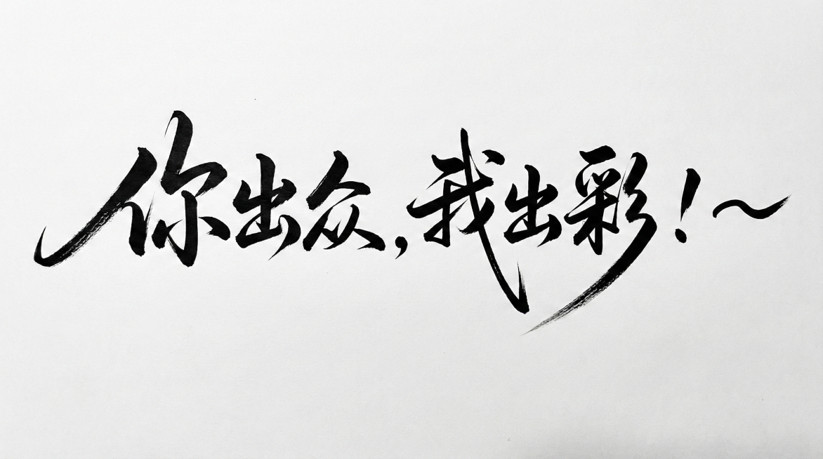 参考图中书法字体笔划风格，设计文字「你出众，我出彩！~」，夸张连笔，钢笔质感，黑白配色，纯白背景预览效果