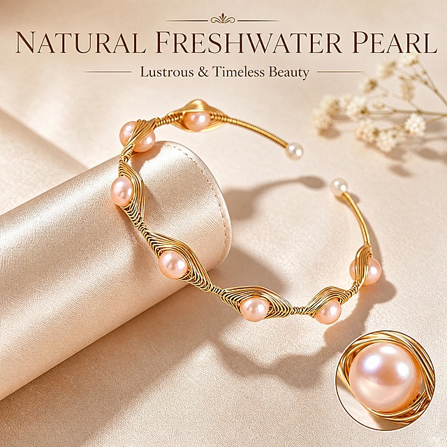 AliExpress main image 3, natural freshwater pearl quality showcase. Soft cream background with subtle silk texture. Bracelet displayed on a rolled champagne satin fabric prop, creating a luxurious jewelry display scene. Bracelet curves elegantly over the satin roll, pearls catching the light showing natural pinkish luster and smooth surface. Top area has elegant title 'NATURAL FRESHWATER PEARL' in thin elegant serif font, subtitle 'Lustrous & Timeless Beauty'. Bottom right has a small circular inset showing extreme close-up of one pearl surface with iridescent sheen. Warm soft golden lighting, gentle shadows, premium jewelry photography atmosphere. Champagne gold and cream color palette. Elegant typography, minimal text. 1:1 square ratio, sharp pearl details, luxurious mood, professional quality.