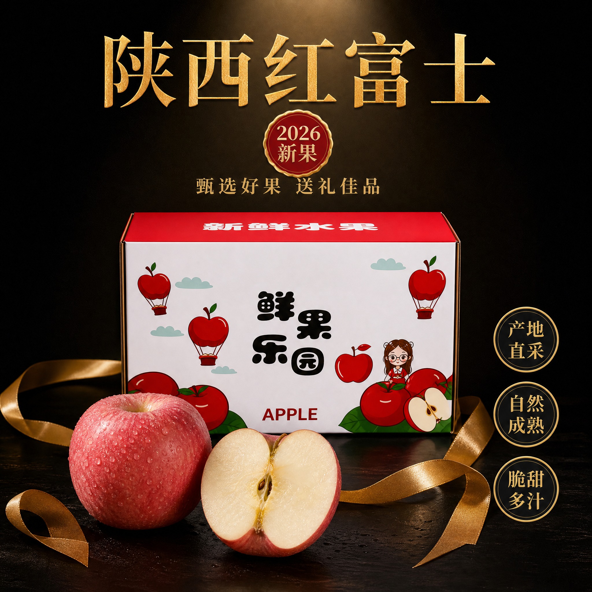 [主图-13] 陕西红富士苹果电商主图，黑金高端礼盒款，唯一任… - 图片创意预览