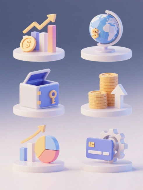 6个不同金融元素的3D立体图标集合，保持简约现代的低多边形风格，统一的纯色背景，每个图标具有光滑的曲面、微妙的渐变色彩和柔和的高光阴影效果，整体色彩变换为清新明快的色调。包含：1. 上升趋势的折线图与金币组合；2. 旋转的地球仪与货币符号；3. 打开的保险箱与钥匙；4. 堆叠的硬币与增长箭头；5. 金融柱状图与饼图组合；6. 信用卡与齿轮装置。所有元素规整排列，保持相同的圆形底座设计和悬浮效果……预览效果
