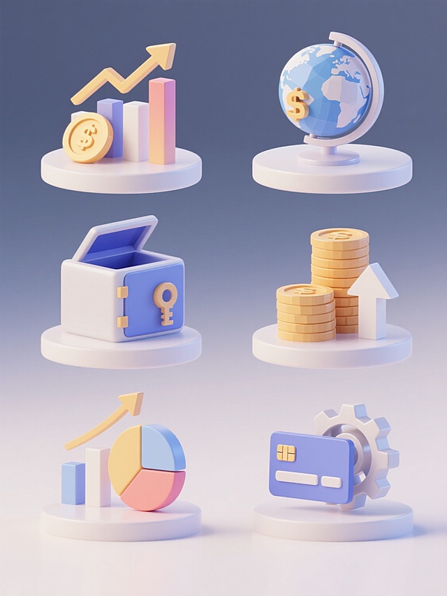 6个不同金融元素的3D立体图标集合，保持简约现代的低多边形风格，统一的纯色背景，每个图标具有光滑的曲面、微妙的渐变色彩和柔和的高光阴影效果，整体色彩变换为清新明快的色调。包含：1. 上升趋势的折线图与金币组合；2. 旋转的地球仪与货币符号；3. 打开的保险箱与钥匙；4. 堆叠的硬币与增长箭头；5. 金融柱状图与饼图组合；6. 信用卡与齿轮装置。所有元素规整排列，保持相同的圆形底座设计和悬浮效果，形成协调统一的金融系列素材。