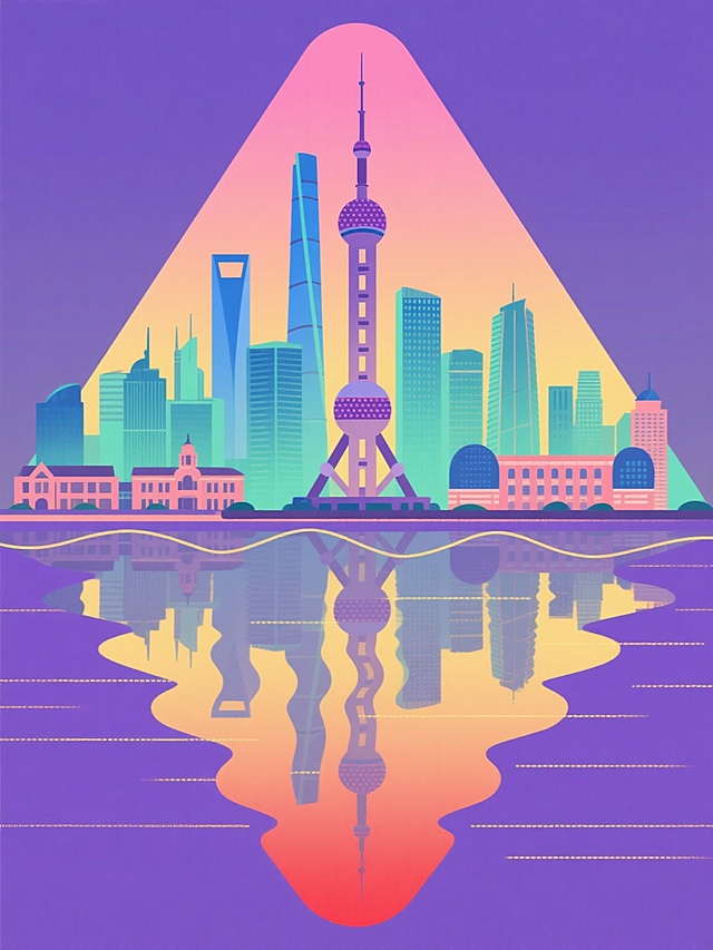 1. 扁平风格的上海城市天际线插画，以渐变的蓝色和紫色为主色调，东方明珠电视塔与上海中心大厦位于画面中央，建筑群采用由左至右升高的阶梯式排列，底部紫色水面倒影呈现对称镜像效果。

2. 扁平风格的上海城市天际线插画，以渐变的粉色和橙色为主色调，将陆家嘴建筑群旋转45度角对角线构图，上海环球金融中心作为视觉焦点，底部采用波浪形水面线条，倒影呈现扭曲扩散效果。

3. 扁平风格的上海城市天际线插画，以渐变的绿色和青色为主色调，建筑群采用半圆形环绕布局，外滩历史建筑与浦东现代高楼形成时空对话，底部水面用水平虚线表现，倒影呈现碎片化处理。

4. 扁平风格的上海城市天际线插画，以渐变的黄色和红色为主色调，采用三角形构图突出上海中心大厦的螺旋形态，建筑群呈现放射状排列，底部水面用渐变点阵表现，倒影呈现垂直翻转效果。

5. 扁平风格的上海城市天际线插画，以渐变的灰色和蓝色为主色调，采用垂直式构图压缩建筑间距，金茂大厦作为画面视觉中心，底部水面用水平粗线条表现，倒影呈现水平错位效果。

6. 扁平风格的上海城市天际线插画，以渐变的紫色和粉色为主色调，采用S形曲线构图串联建筑群，东方明珠与上海中心大厦形成首尾呼应，底部水面用波浪线条表现，倒影呈现波浪同步律动效果。

所有插画均保持2400×1800像素尺寸，300dpi分辨率，单个元素尺寸为800×600像素，采用2×3网格规整排布，统一使用2px轮廓线条，纯色背景保持RGB(255,255,255)。