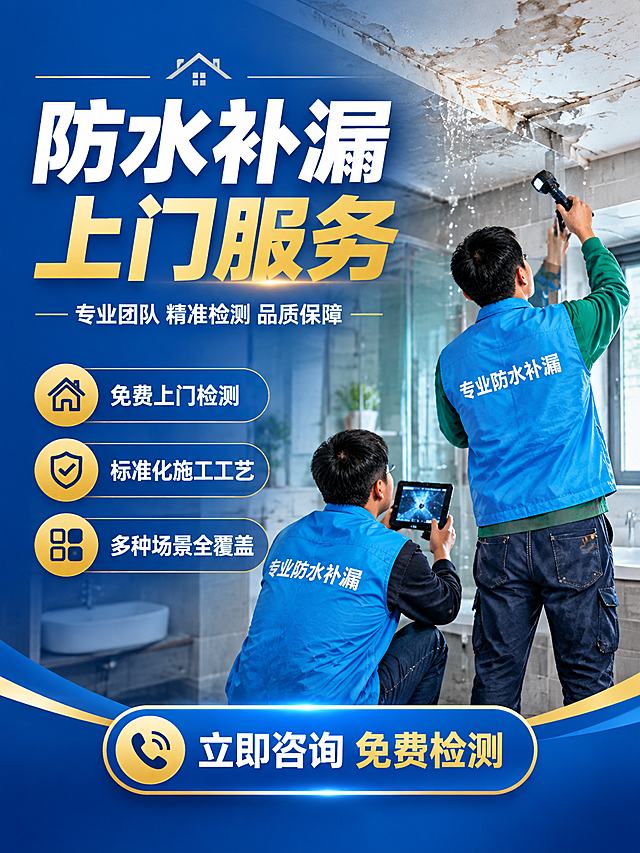 [商品] 防水补漏上门维修服务，非实物类服务，使用【图2】中穿蓝色马甲的维修工人形象作为服务人员参考，保留蓝色马甲、专业施工的职业感。
[画面] 价值头图，目标是建立专业可信的第一印象并突出核心卖点。画面上方主标题区，中间偏下展示两名穿蓝色工装的维修工人正在专业检测漏水场景，背景为现代家居卫生间/屋顶漏水痛点场景虚化。左文右图布局，左侧大标题+副标题+3个核心卖点图标，右侧为工人施工实景。主体占画面65%，阅读动线从上到下、从左到右。
[视觉] 套系策略：风格=专业可信本地服务商业设计；标题字=粗黑体厚重有力；正文字=简洁无衬线体；主色=深蓝色(#1a3d80)；背景延展=基于深蓝做深浅渐变、同色系层次和细腻质感；强调色=金色(#d4af37)，仅用于小面积图标、引线、标签和重点数字高亮；标题色=白色/金色；正文色=浅灰/白色；组件=圆角信息卡、细线图标、蓝色渐变按钮；光影=顶部柔和主光，整体明亮专业。
[文字] 主标题"防水补漏 上门服务"，副标题"专业团队 精准检测 品质保障"，3个卖点："免费上门检测""标准化施工工艺""多种场景全覆盖"，文字位于左侧和顶部，不遮挡工人主体。底部加"立即咨询 免费检测"行动按钮。
[规格] 图片比例3:4竖版，4K分辨率，避免变形、错字、文字过小、冷灰背景、虚假承诺、绝对化用语。
