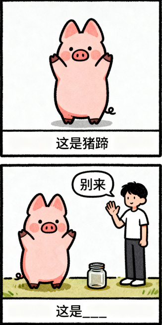 手绘搞笑纵向双格漫画，上半格：Q版可爱的猪蹄，极简背景，底部文字框写“这是猪蹄”；下半格：猪蹄旁边站着一个挥手说“别来”的人，地上放着一个无盖的罐子，底部文字框写“这是____”，线条清晰，色彩鲜明预览效果