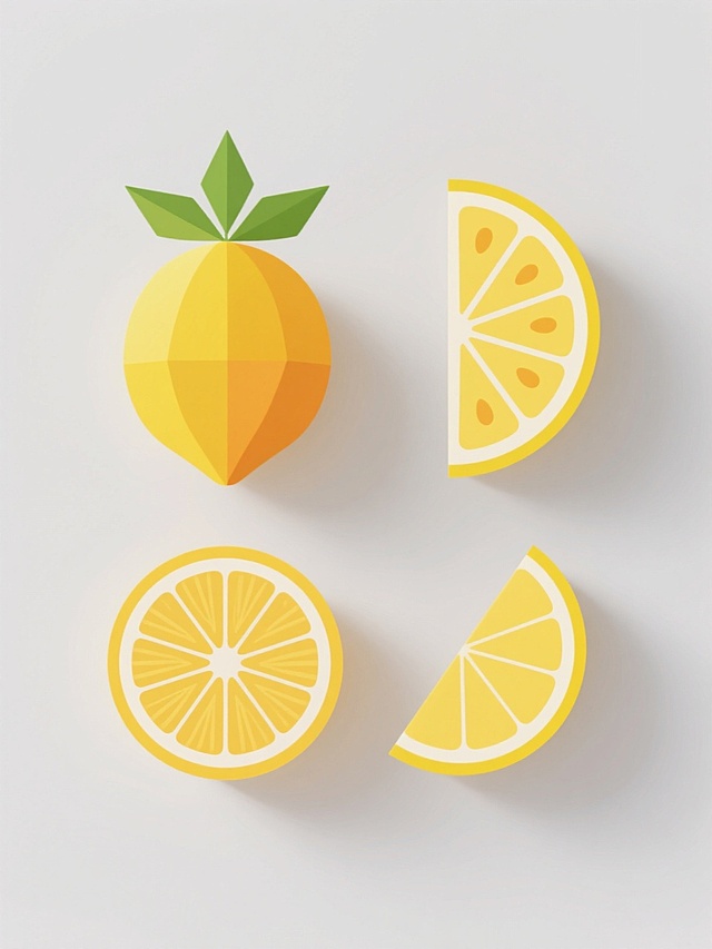 极简主义构图，白色背景上悬浮着四个几何化柠檬元素的精密编排，左上角是带三片锐角绿色叶子的正圆形完整柠檬，右上角为120度扇形的柠檬切片露出7颗完美排列的籽点，底部左侧是16道放射状纹理的柠檬横切面（中心有星形果核），底部右侧为带1/4圆弧果皮的半月形柠檬切面，所有元素采用2px白色描边勾勒的平滑矢量轮廓，填充色为从#FFD700到#FFA500的渐变黄色，元素间距遵循斐波那契数列比例，整体形成隐形的菱形视觉平衡，无任何文字和装饰元素。