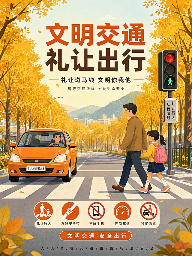文明交通宣传海报，秋日街道场景。斑马线前橙色小汽车停车礼让，父亲牵着背书包的小女孩过马路。背景金黄色秋天树木和远山。扁平插画风格，秋天暖色调，4K高清画质。